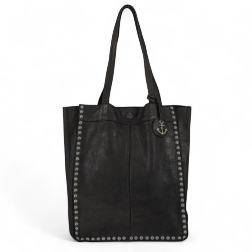 ANTHRO x HARBOUR 2ND Matt Black Leather Studded Tote Moto Minimalist Bag Charm